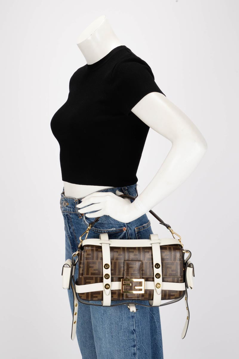 Fendi Tobacco & White Zucca Canvas Cage Baguette Bag
