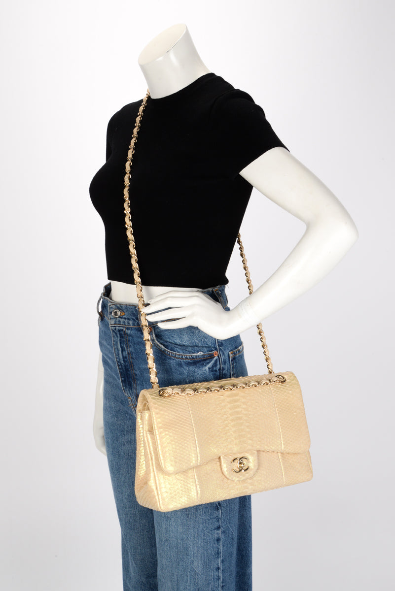 Chanel Light Beige Iridescent Python Large Double Flap Bag