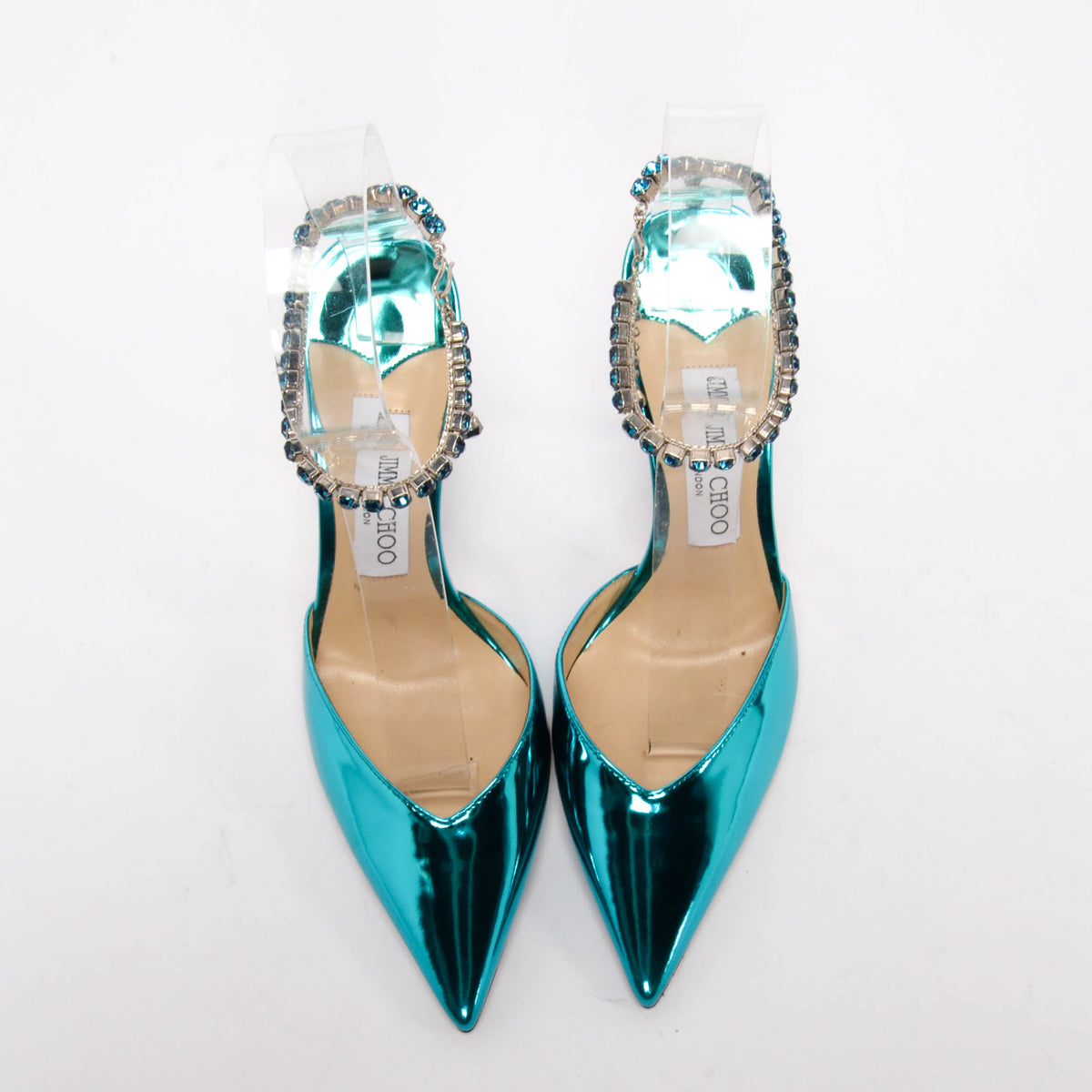 Jimmy Choo Blue Metallic Leather Crystal Saeda Pumps 38.5