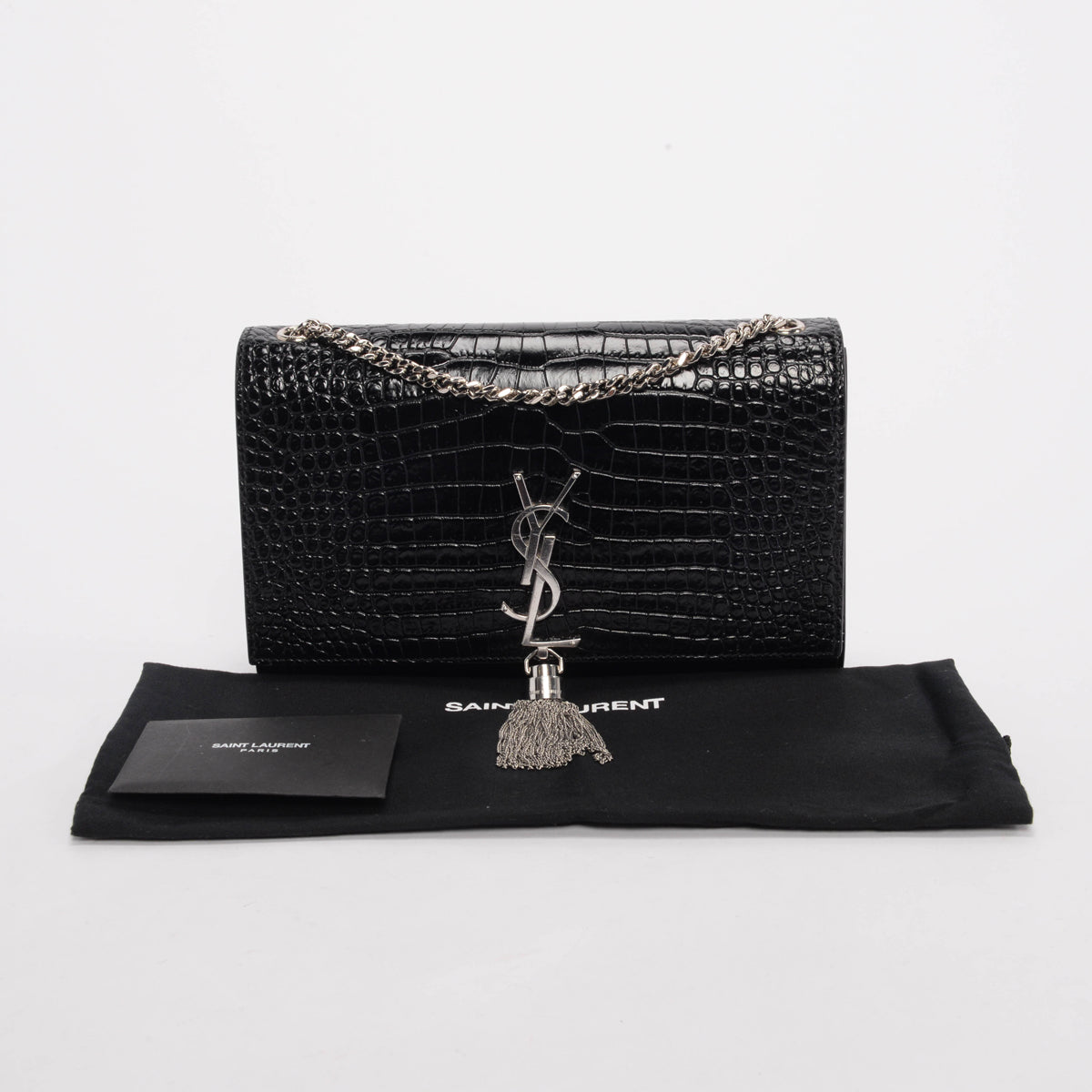 Saint Laurent Black Croc Embossed Medium Kate Tassel Bag