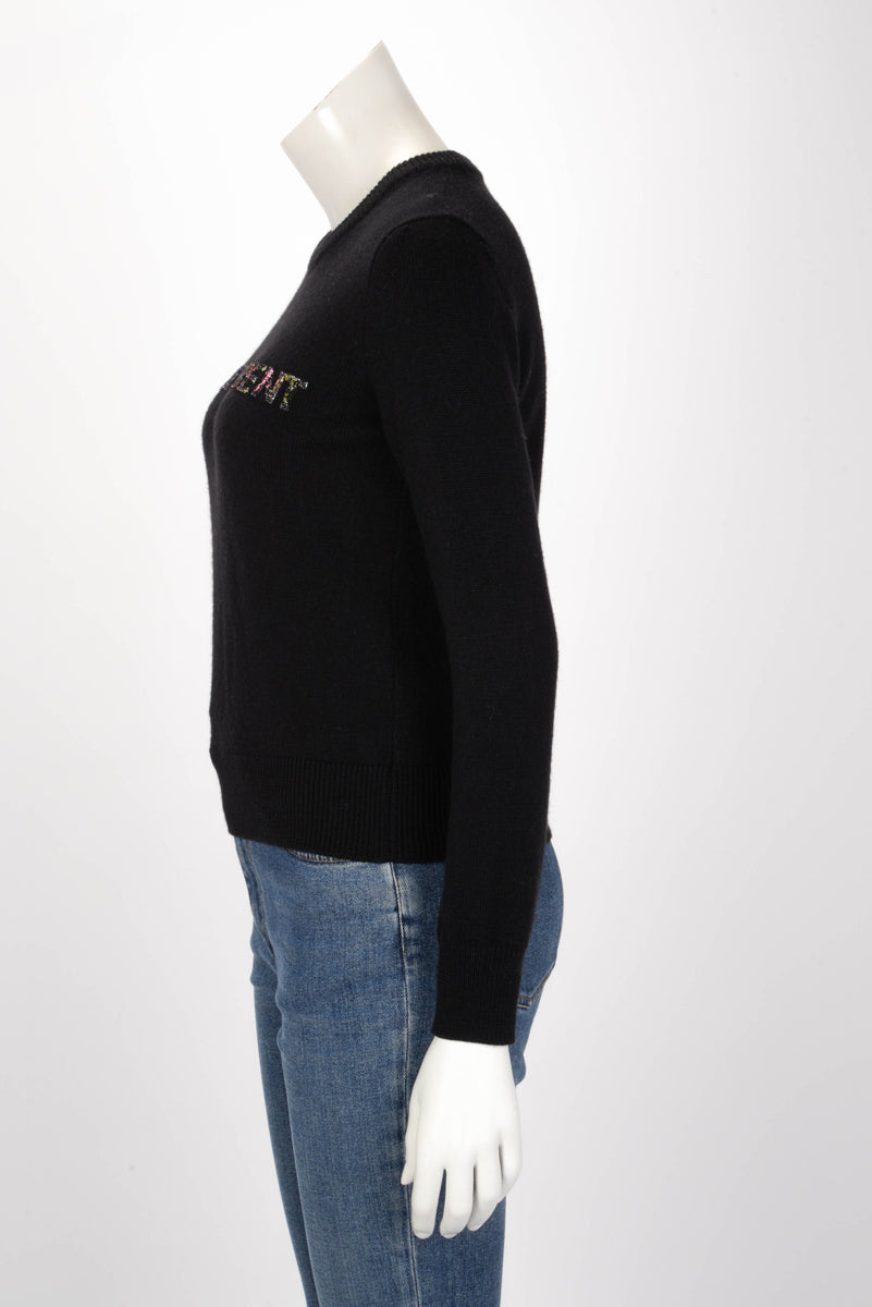 Saint Laurent Black Wool Beaded Logo Sweater XS
