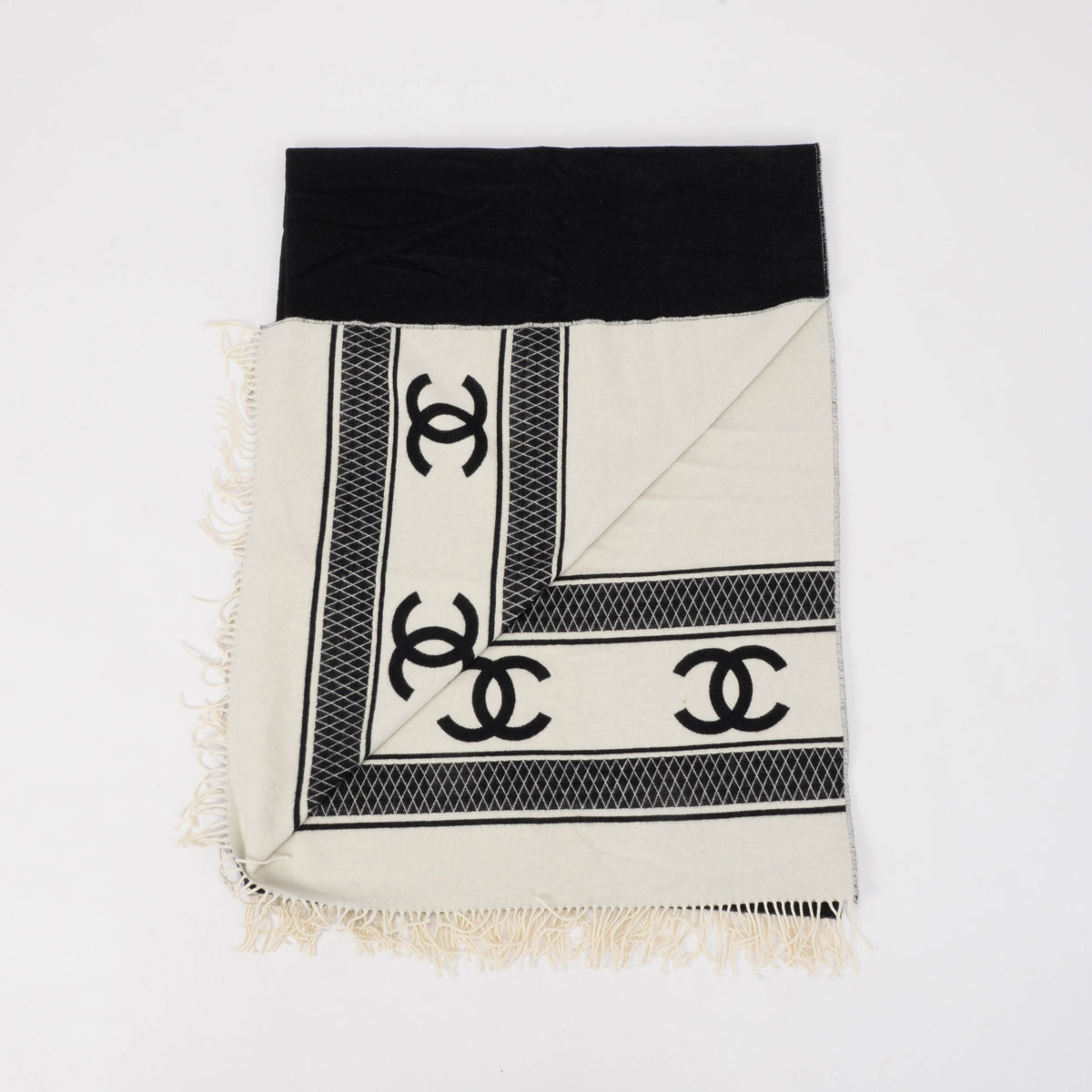 Chanel Black & White Cashmere CC Reversible Blanket