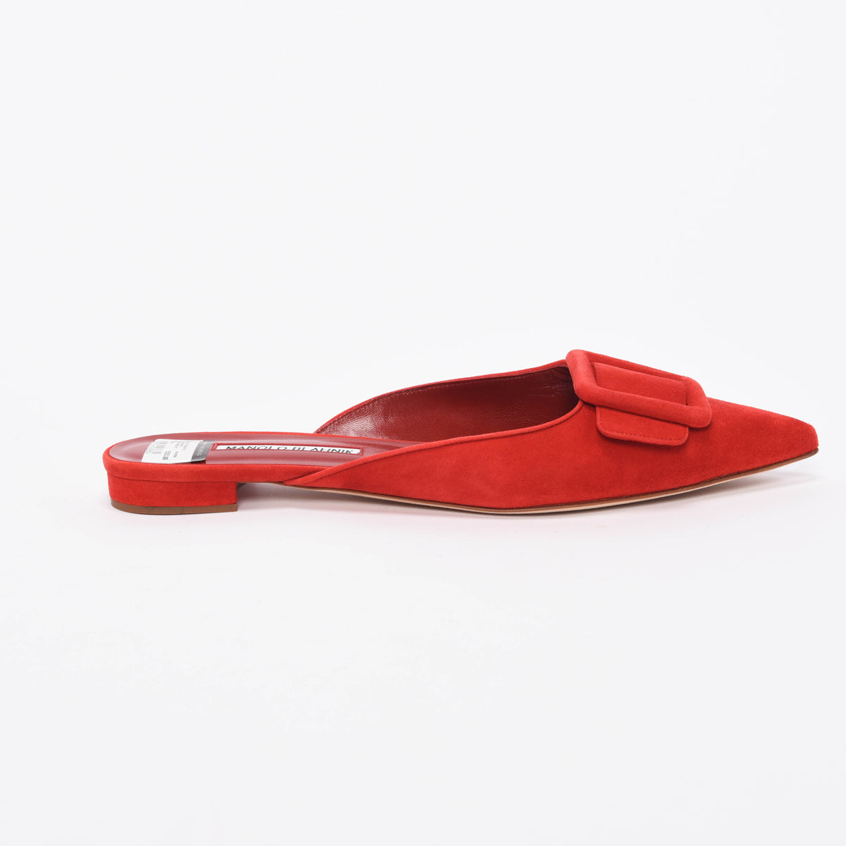 Manolo Blahnik Red Suede Maysale Buckle Mules 40