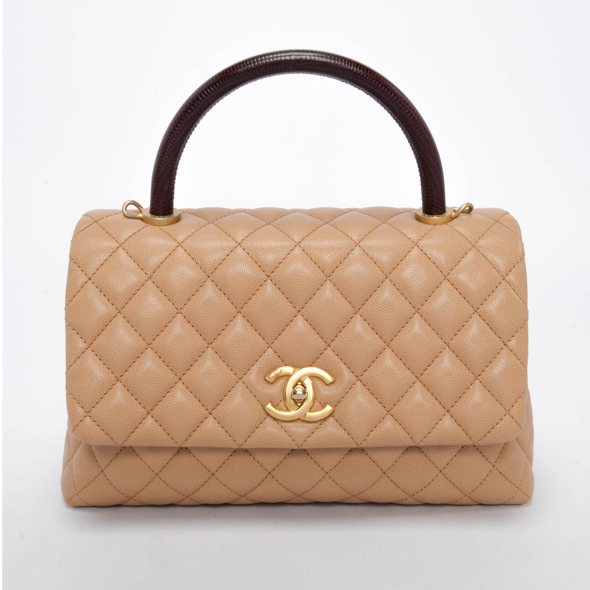 Chanel Beige & Burgundy Caviar & Lizard Medium Coco Handle Bag