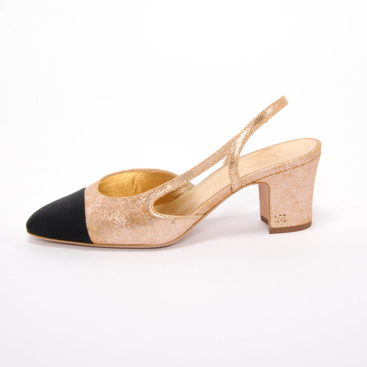 Chanel Gold & Black Calfskin Cap Toe Slingbacks 38.5