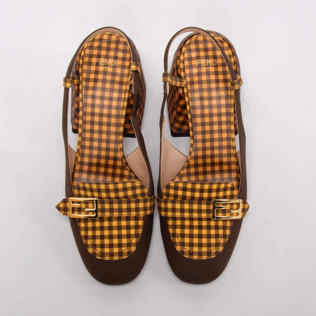 Fendi Brown & Yellow Check Promenade Slingback Loafers 36