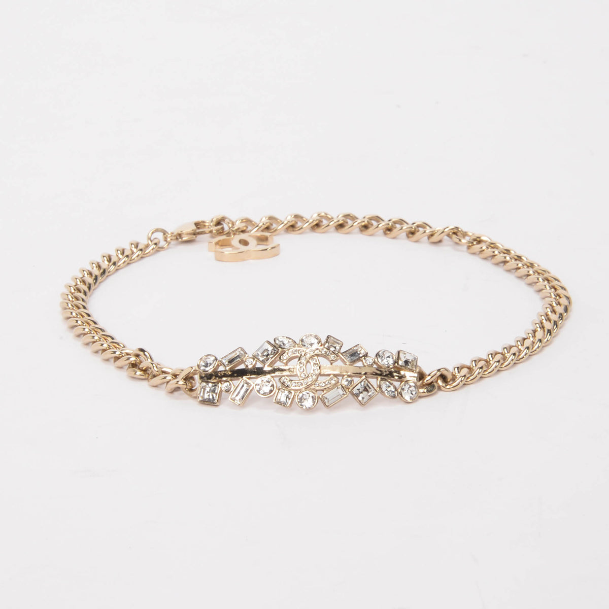 Chanel Light Gold Crystal CC Bar Choker Necklace