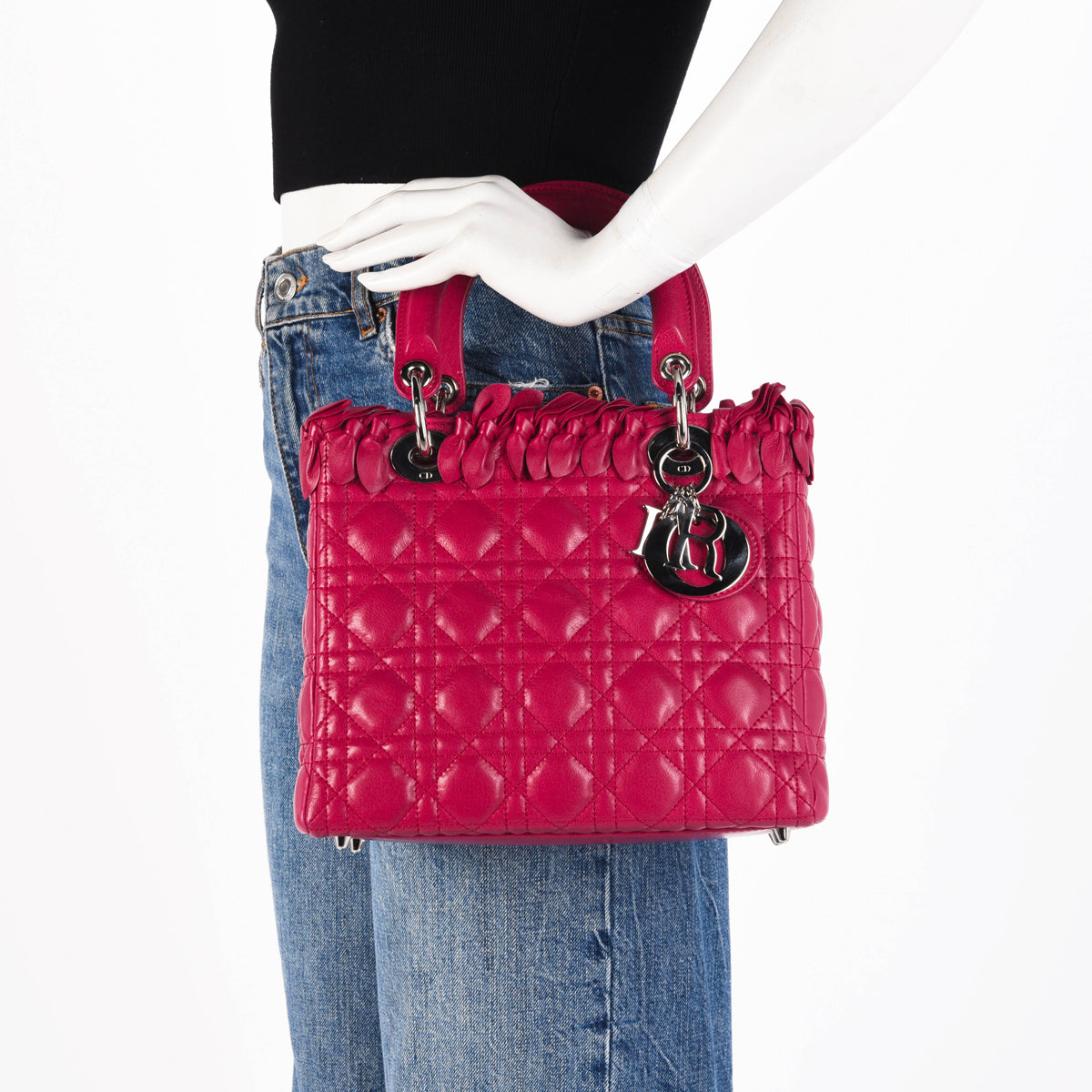 Dior Dark Pink Lambskin Cannage Medium Bow Lady Dior