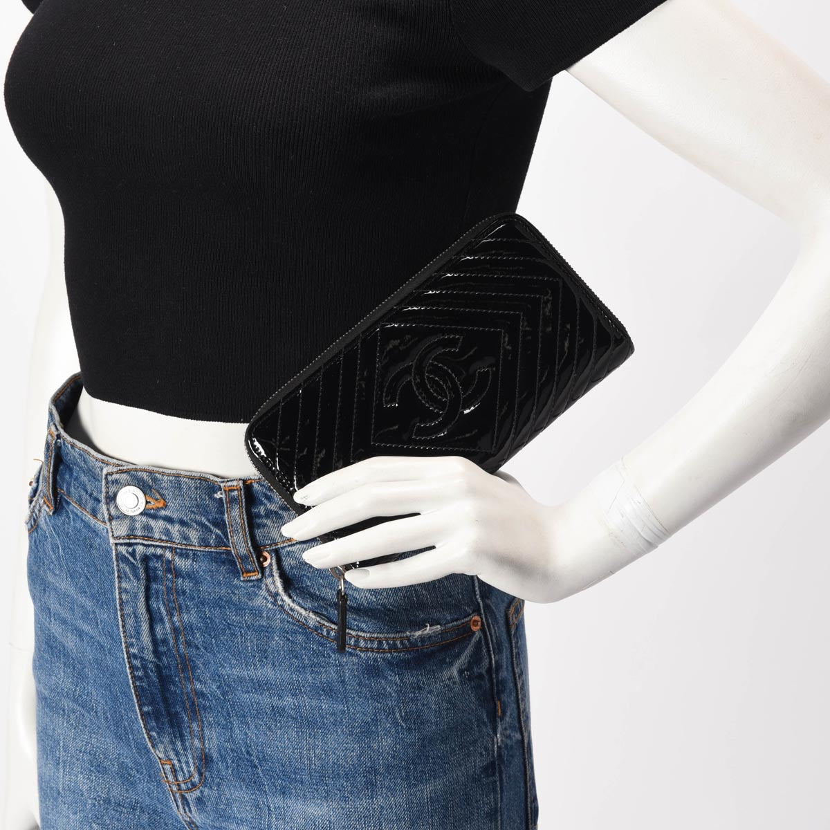 Chanel Black Chevron Patent CC Zip Around Wallet