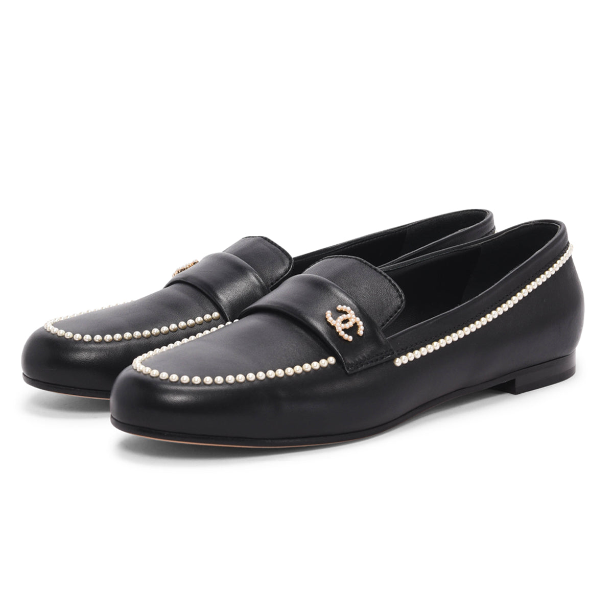 Chanel Black Lambskin Pearl CC Loafers 42
