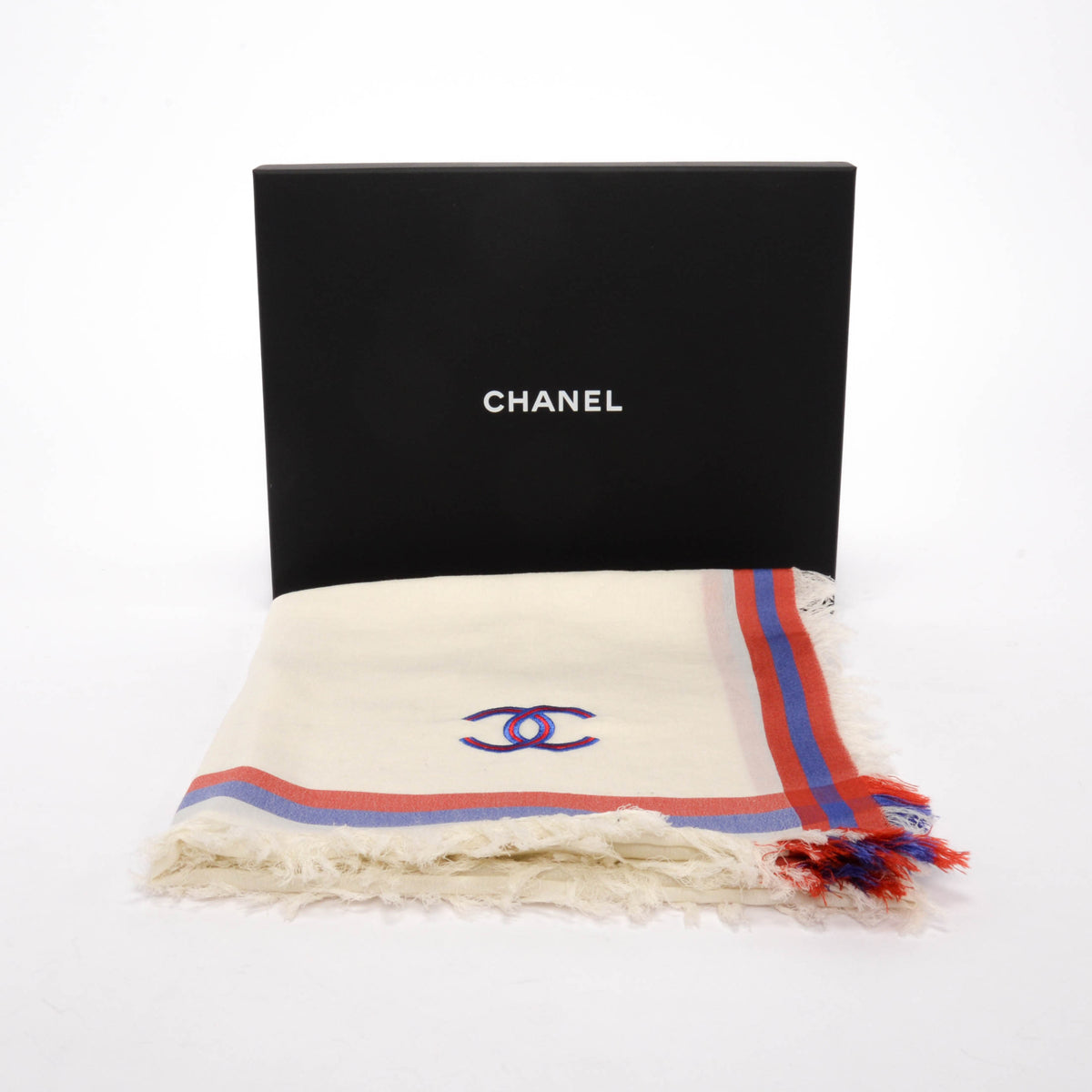 Chanel White Striped Cotton & Silk CC Shawl