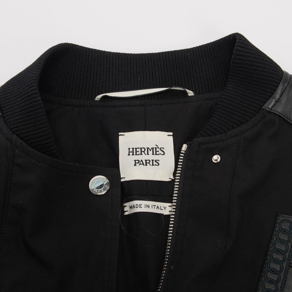 Hermes Black Cotton & Lambskin Embroidered Bomber Jacket FR 38