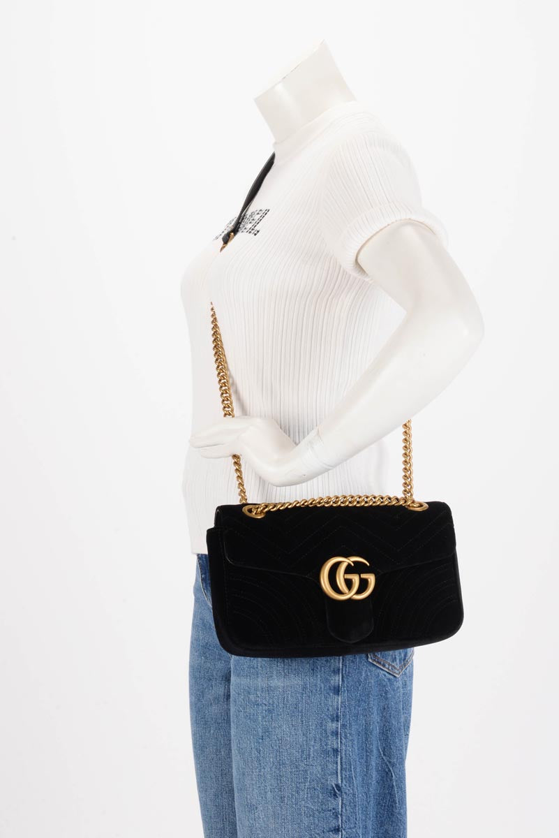 Gucci Black Velvet Matelasse Small GG Marmont Bag