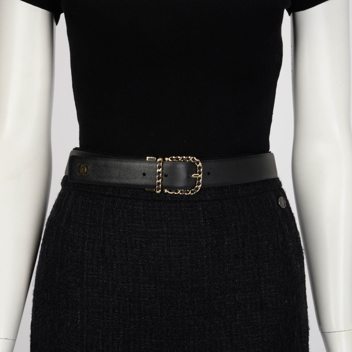 Chanel Black & Burgundy Reversible Leather Chain Buckle Belt