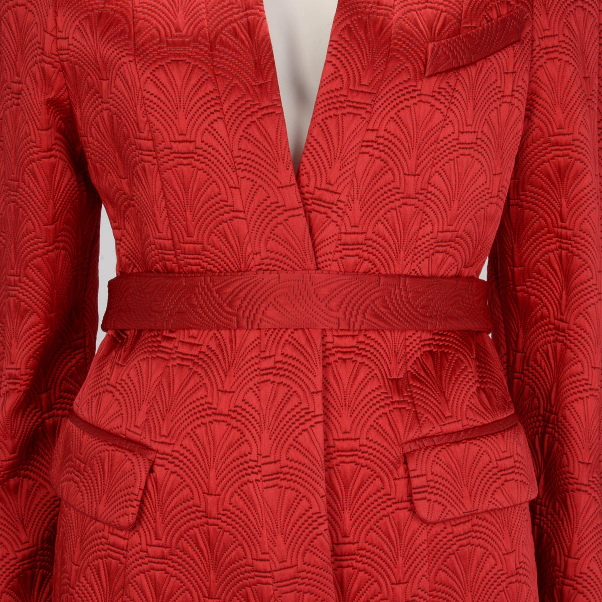 Balmain Red Fan Jacquard Belted Jacket FR 42