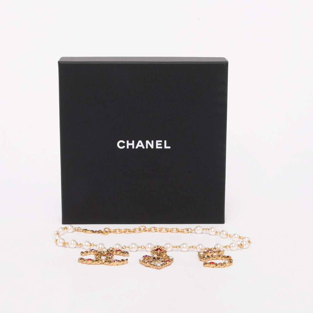 Chanel Gold Tone Pearl & Crystal Coco Charm Choker Necklace