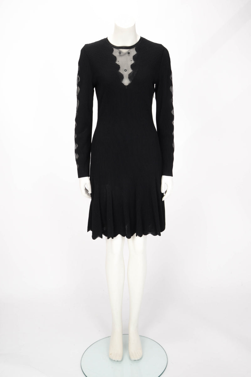 Alexander McQueen Black Ribbed Knit Lace Sleeve Dress L