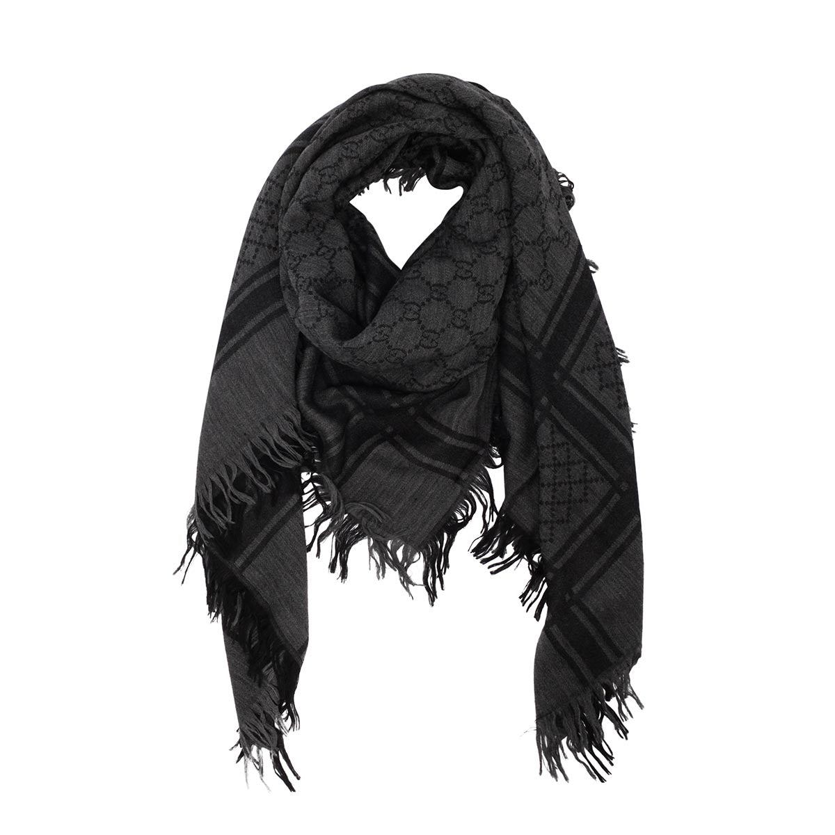 Gucci Charcoal Wool Silk Printed GG Fringed Scarf