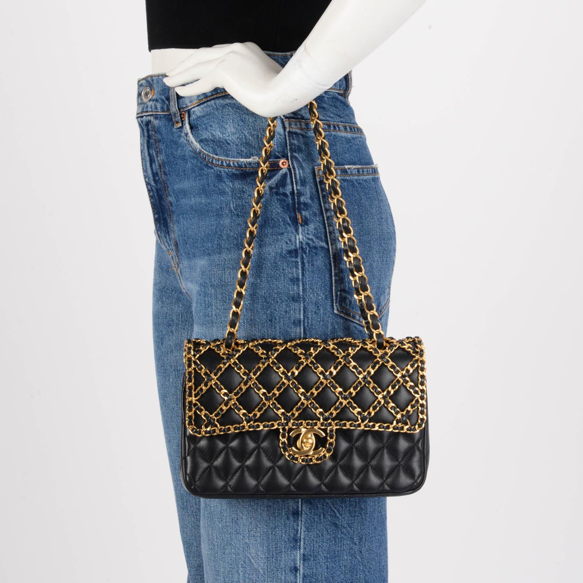 Chanel Black & Gold Lambskin Classic Woven Chain Flap Bag