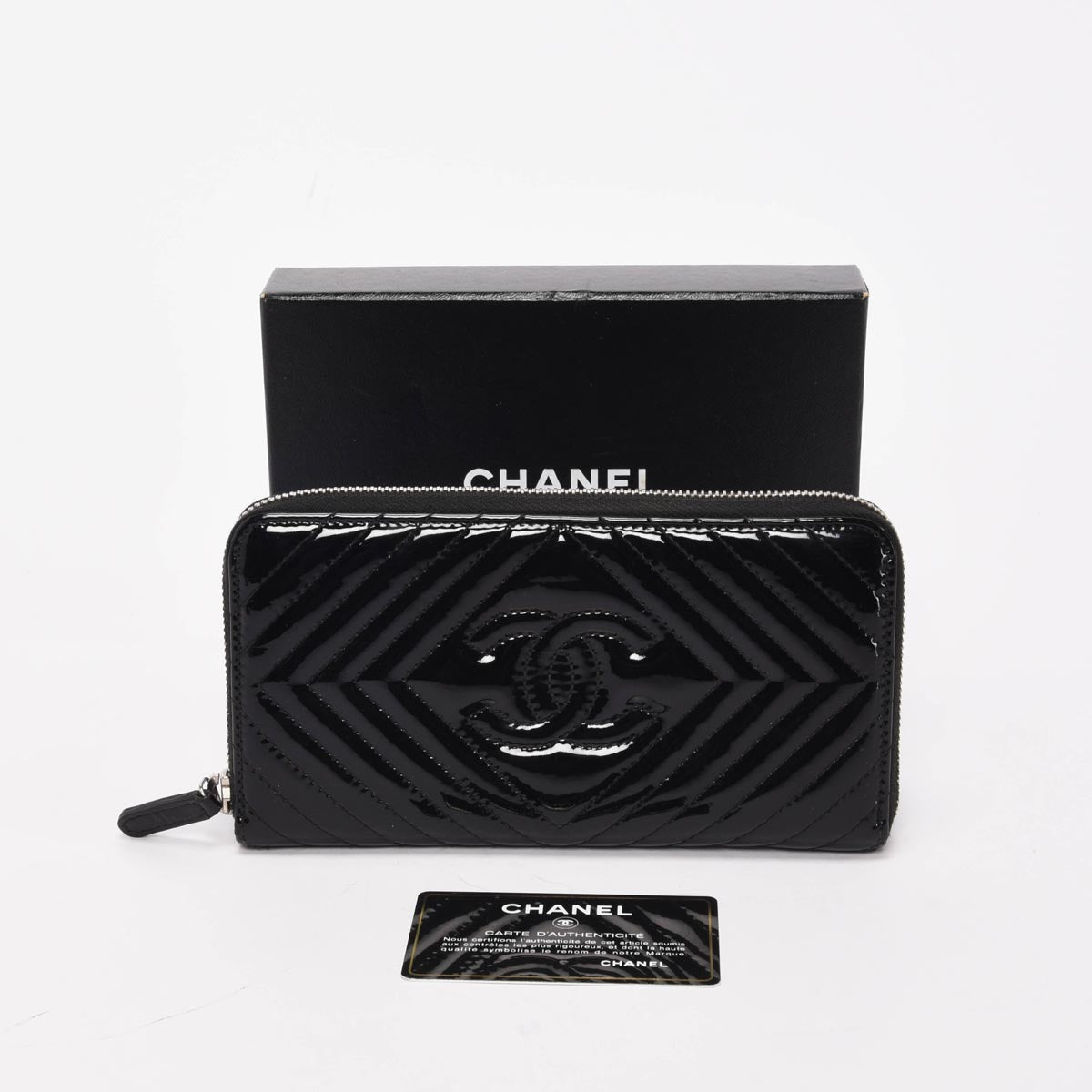 Chanel Black Chevron Patent CC Zip Around Wallet
