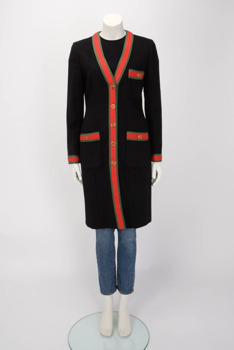 Gucci Black Wool GG Web Trim Longline Coat IT 42