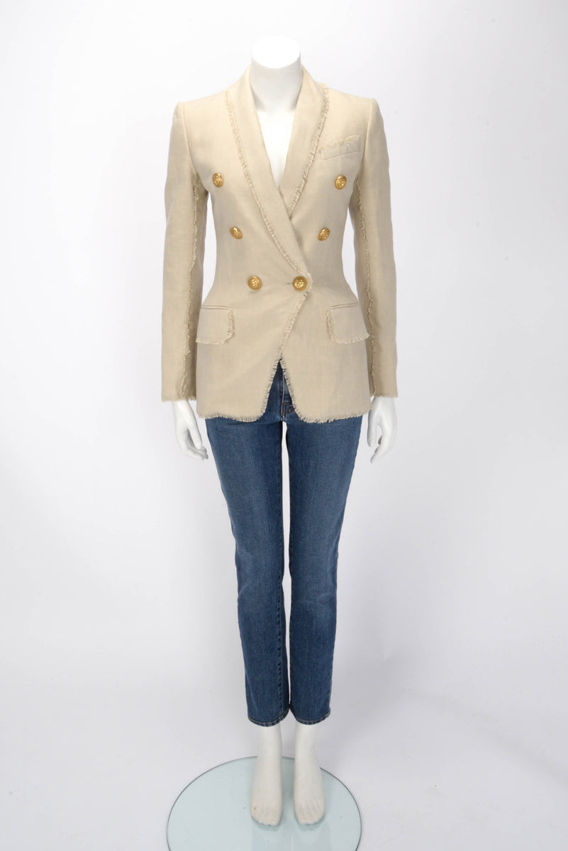 Balmain Beige Linen Fringed Double Breasted Blazer FR 34
