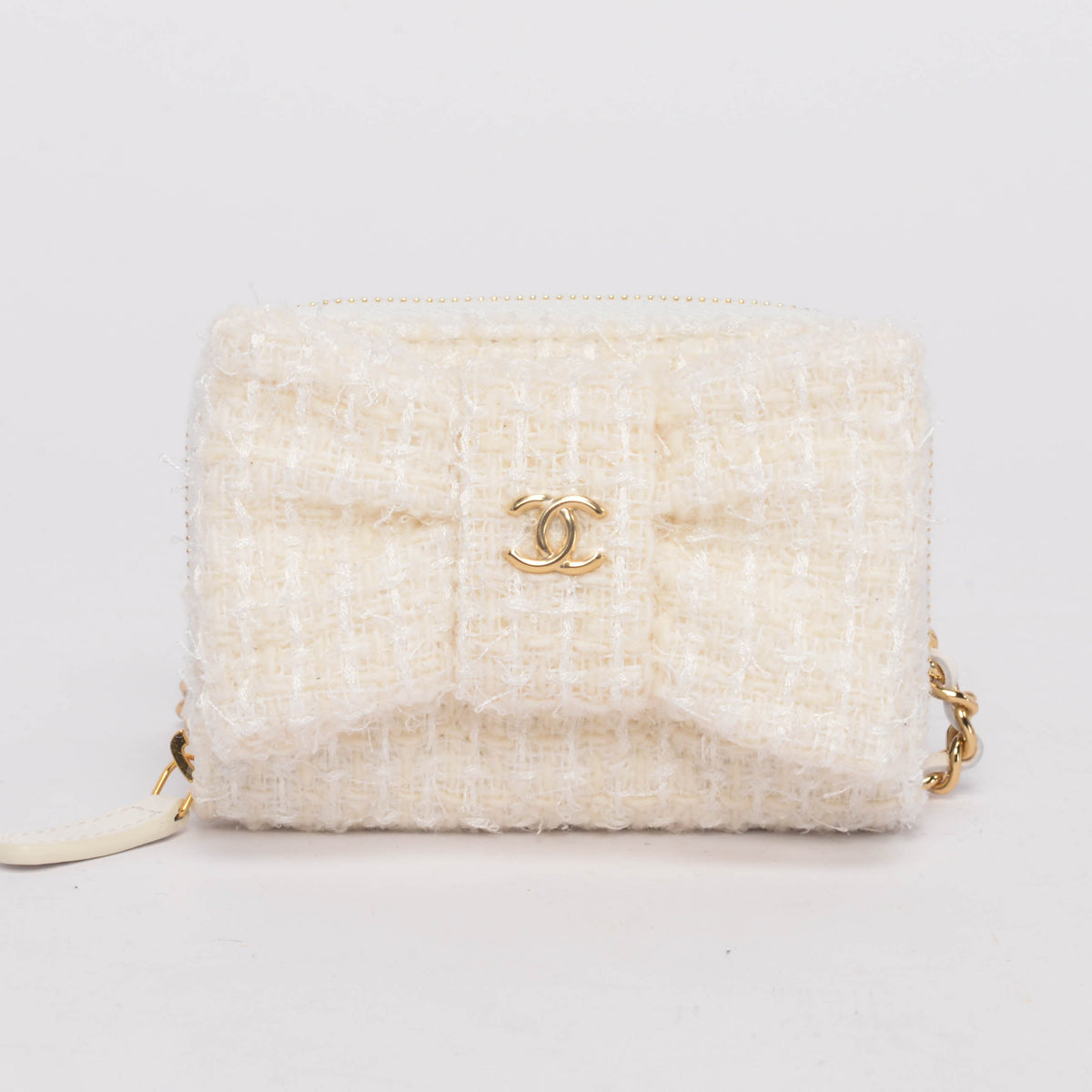 Chanel Cream Tweed CC Bow Card Holder on Chain