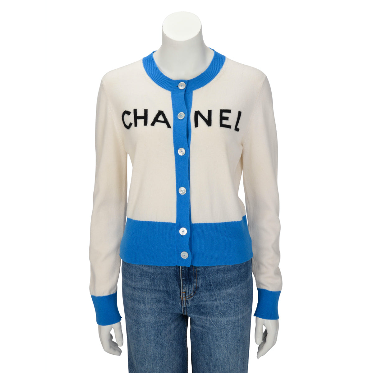 Chanel Cream & Blue Cashmere 19S Logo Cardigan FR 42