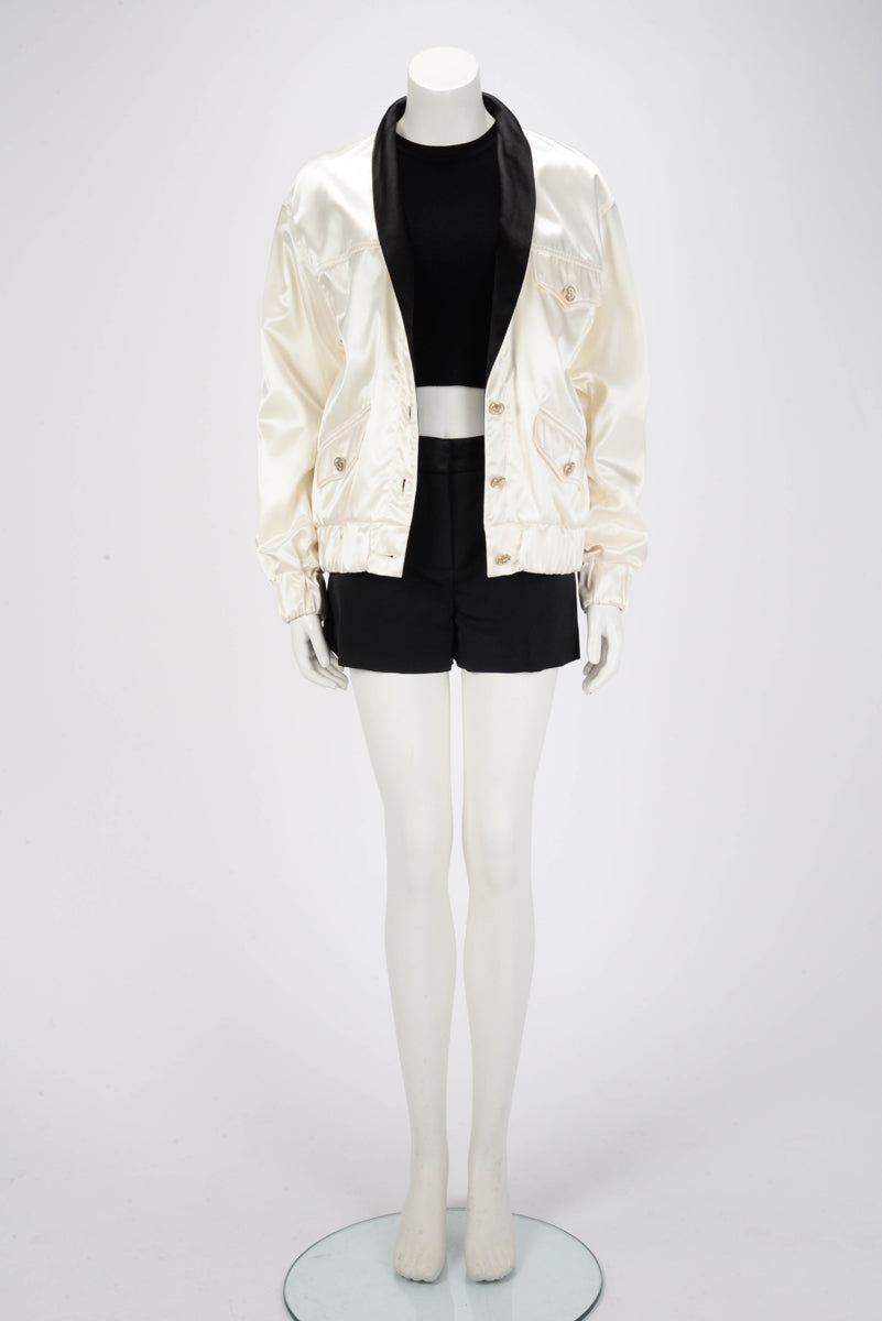 Chanel Cream & Black Satin Bomber Jacket FR 36