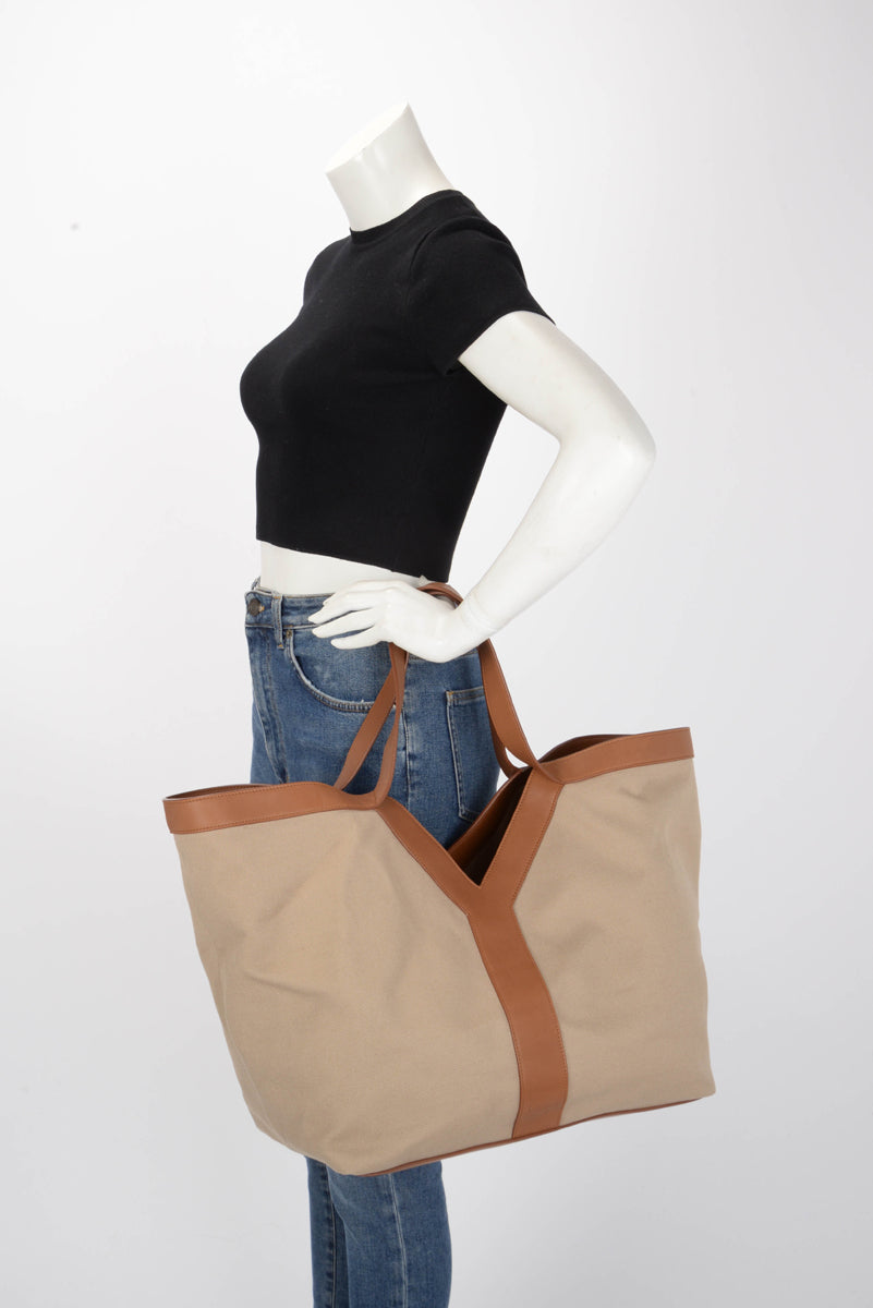 Saint Laurent Brown & Ecru Leather & Canvas Y Tote