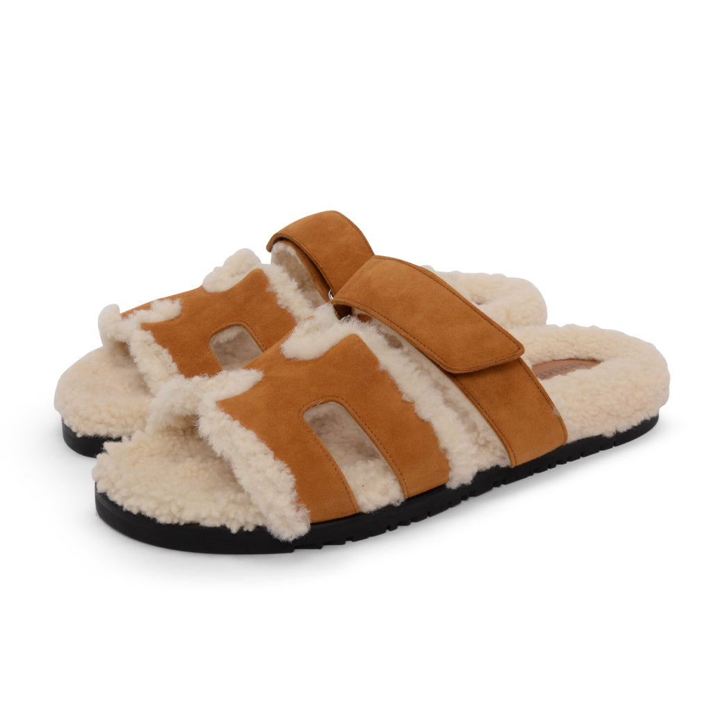 Hermes Naturel & Ecru Suede & Shearling Chypre Sandals 40.5