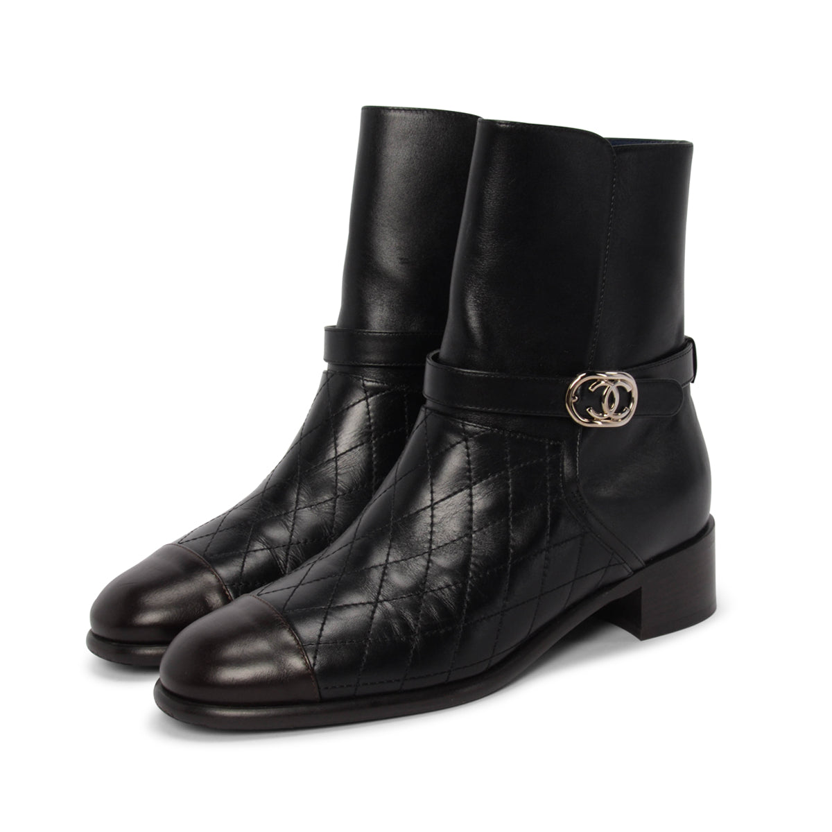Chanel Black Quilted Calfskin Cap Toe Ankle Boots 38.5