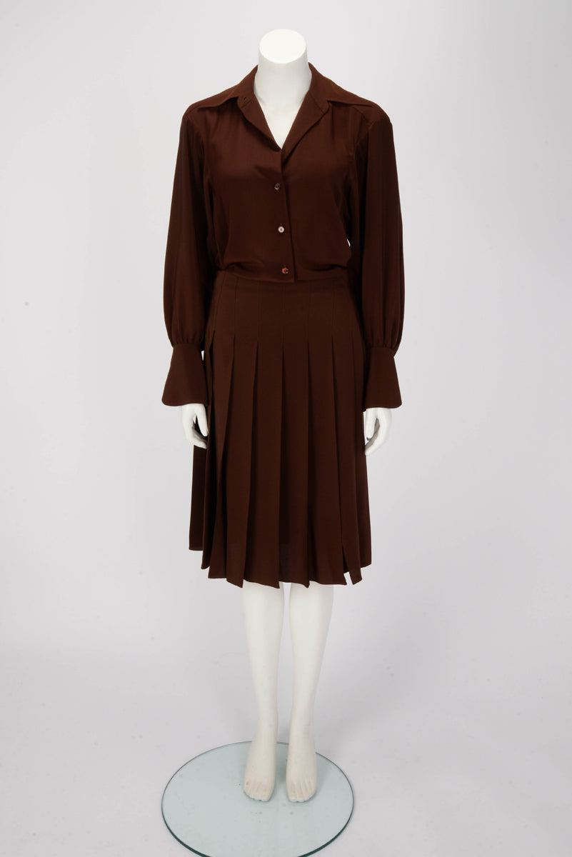 Chloe Brown Silk Pleated Shirt Dress FR 34