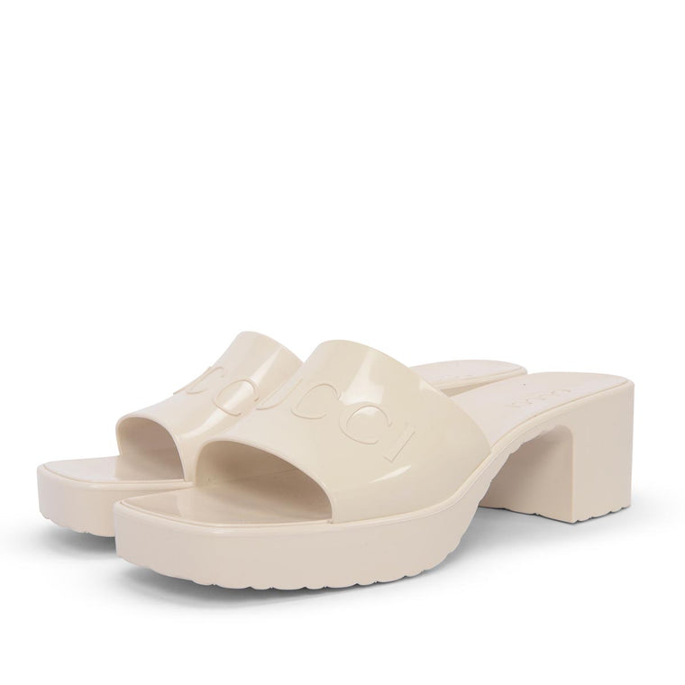 Gucci Off White Rubber Slide Heeled Sandals 39