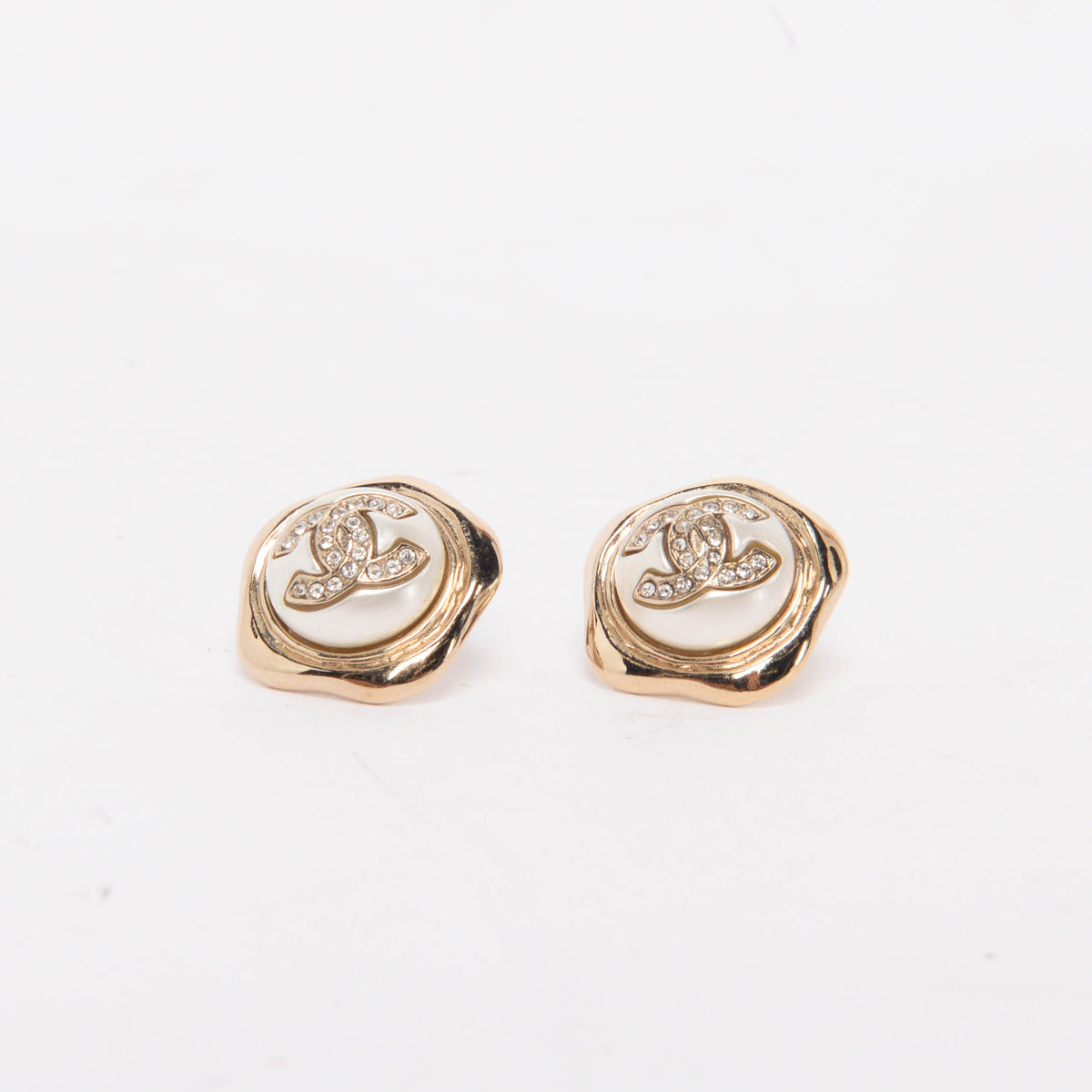 Chanel Gold Tone Pearl Crystal CC Stud Earrings