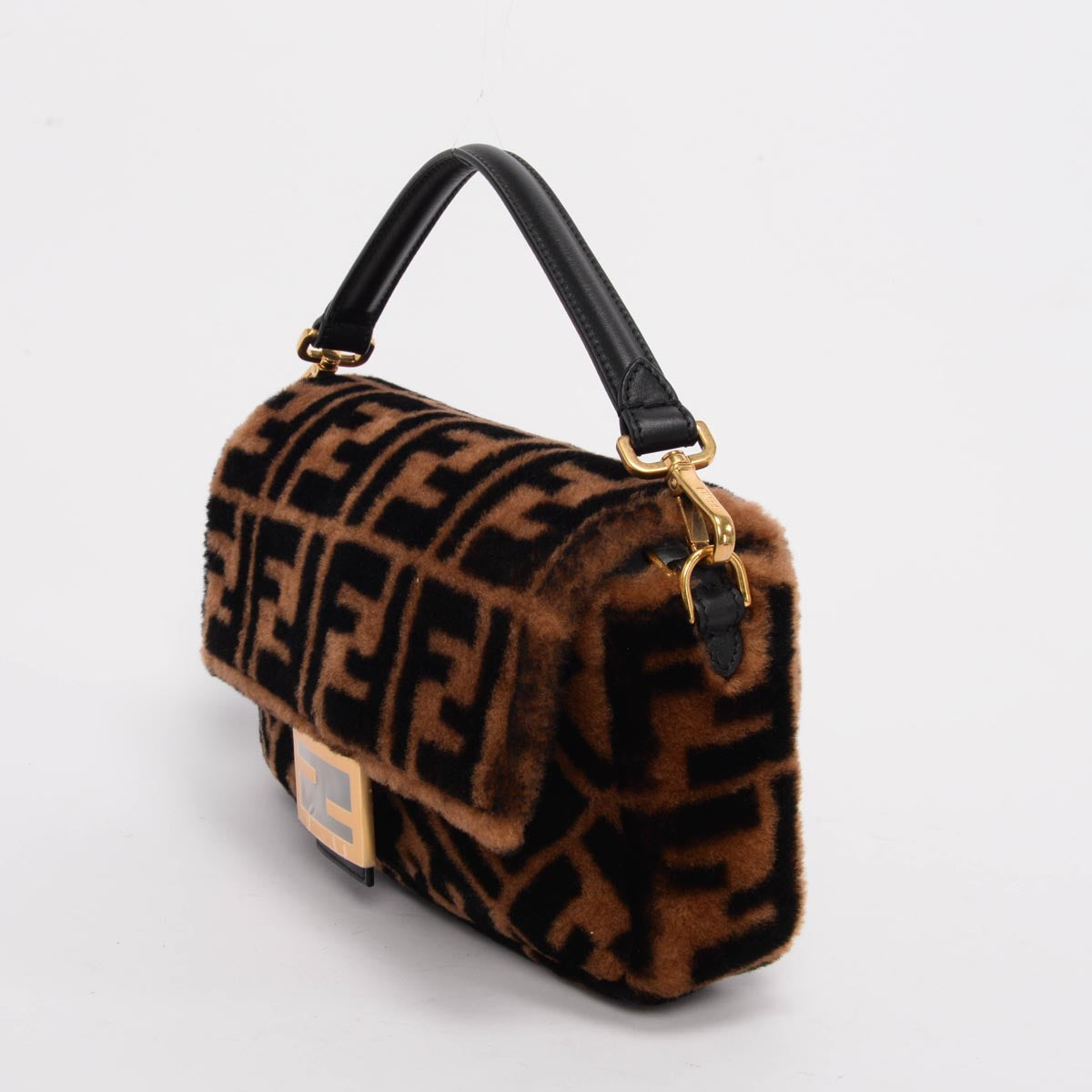 Fendi Brown FF Shearling Baguette Bag