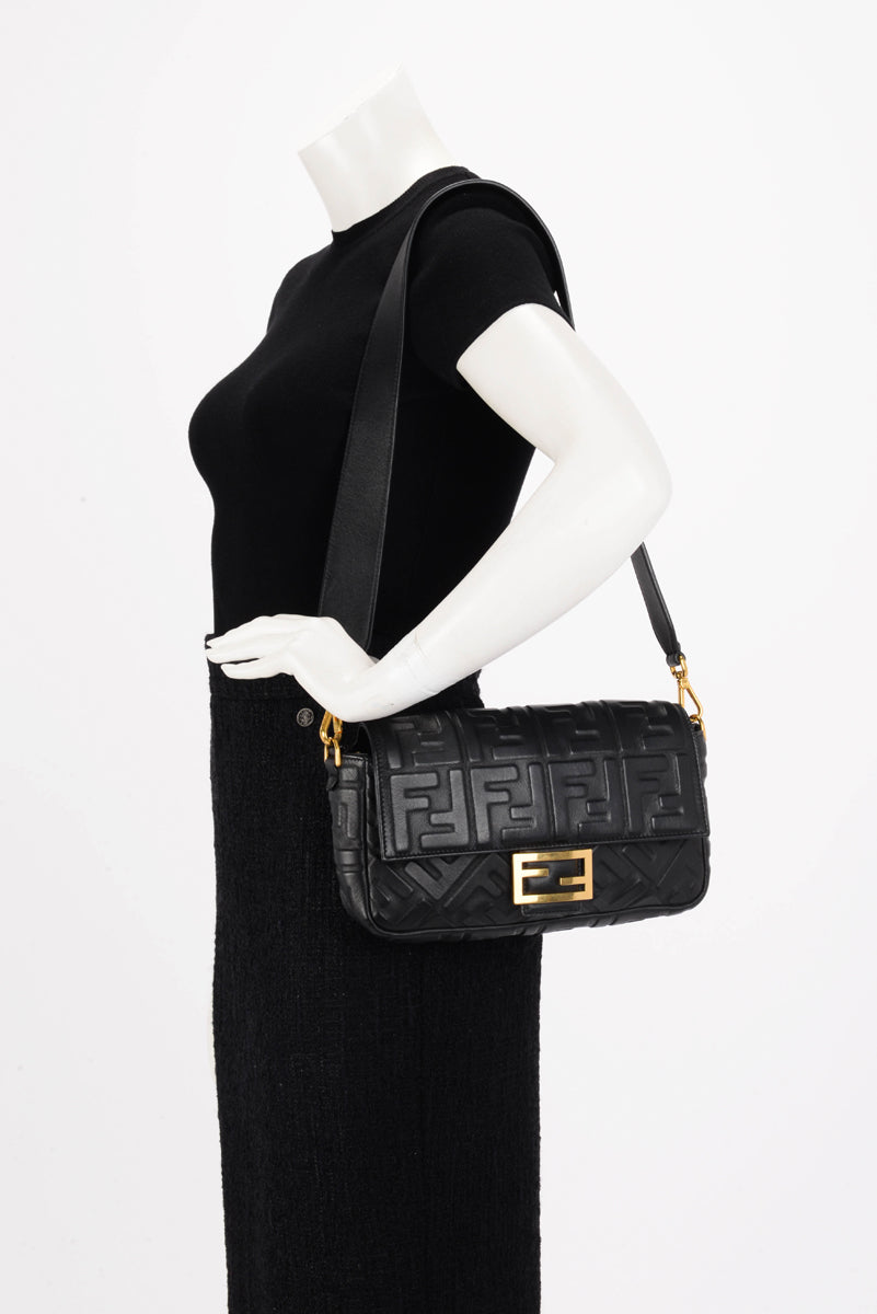 Fendi Black Nappa Leather FF 1974 Embossed Baguette