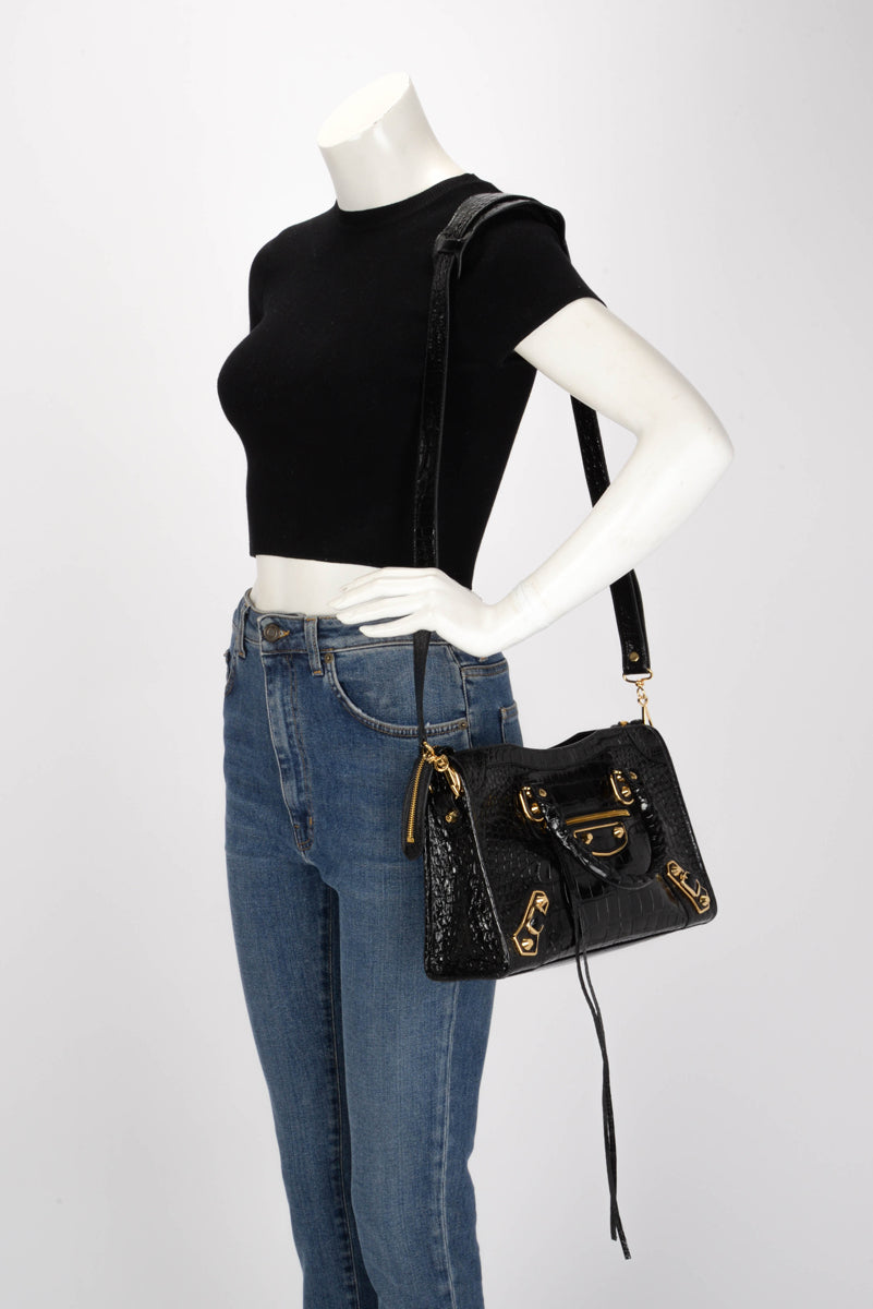 Balenciaga Black Croc Embossed Metallic Edge Small City Bag