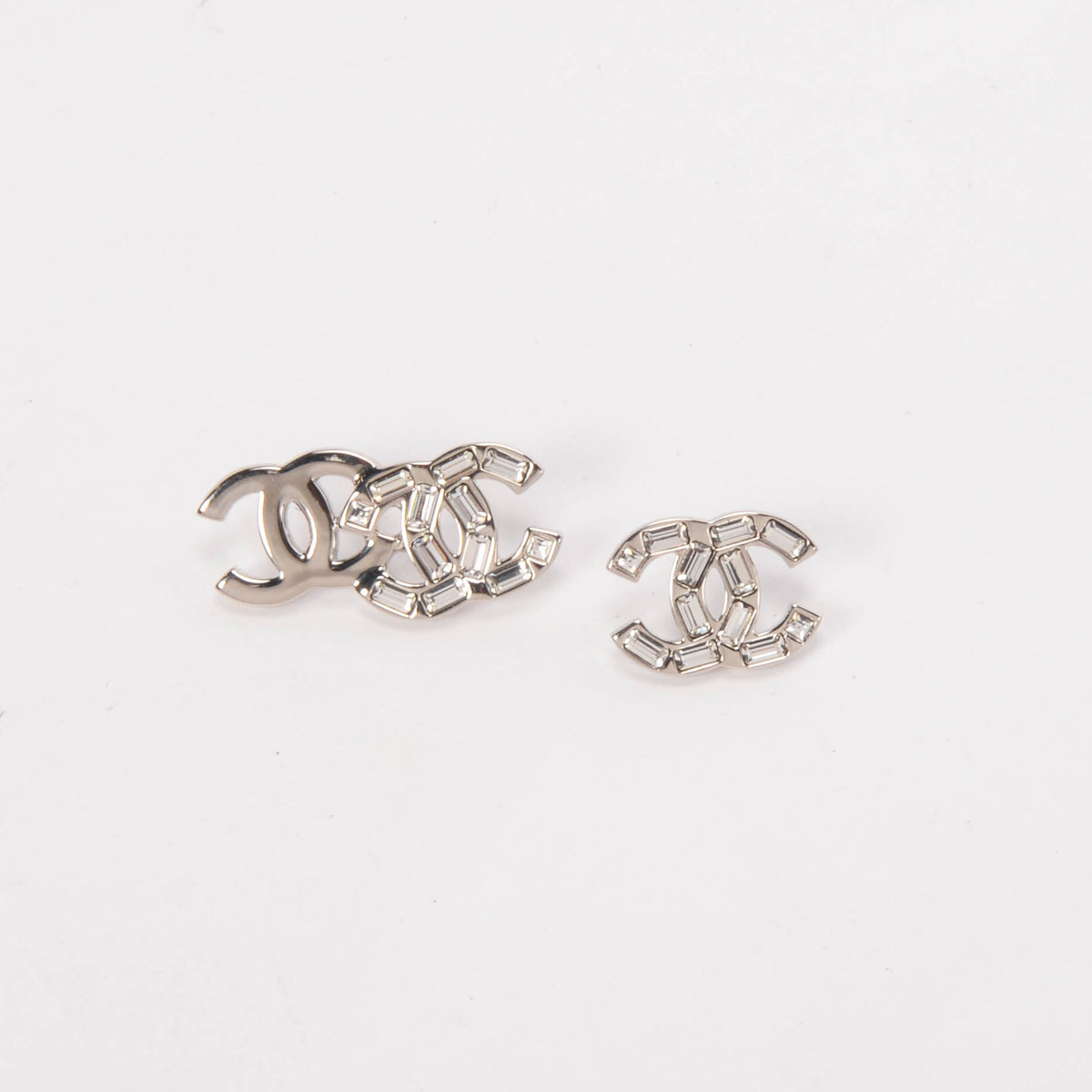 Chanel Silver Crystal Double CC Stud Earrings