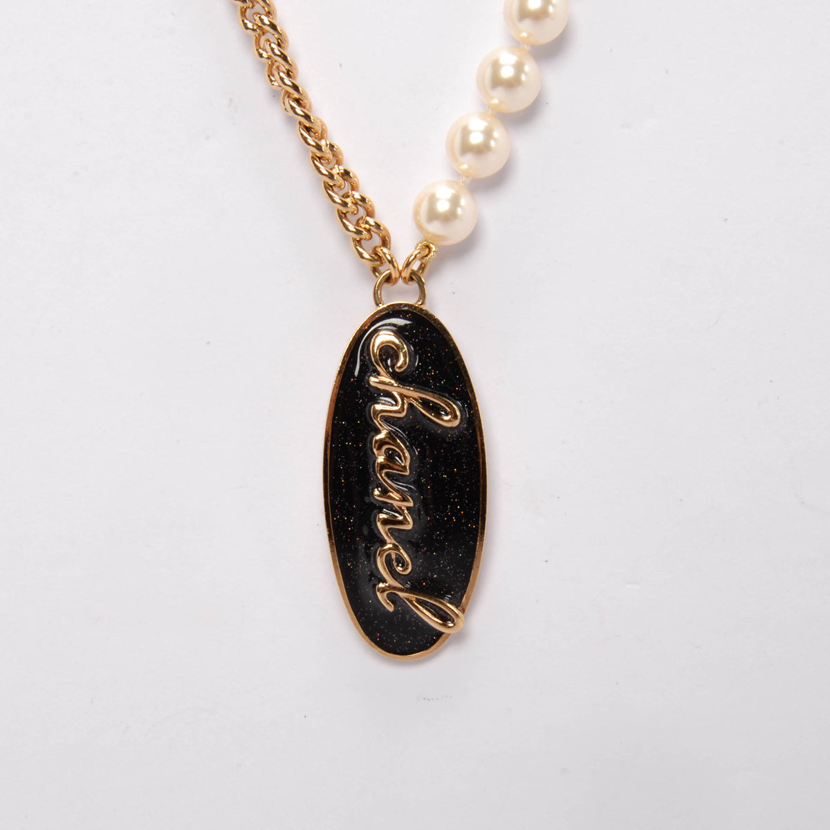 Chanel Gold & Black Pearl Logo Pendant Necklace