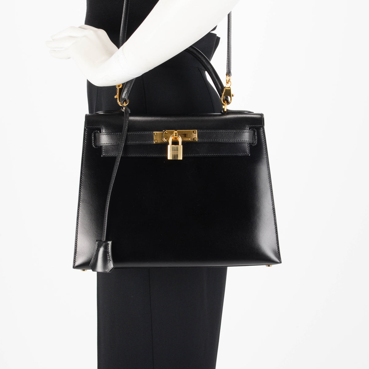 Hermes Vintage Black Box Calf Kelly 28 Shoulder Bag