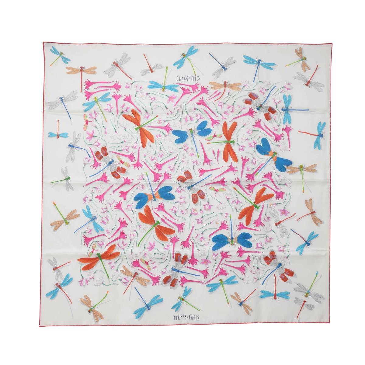 Hermes White Silk Twill Dragonflies Scarf 70