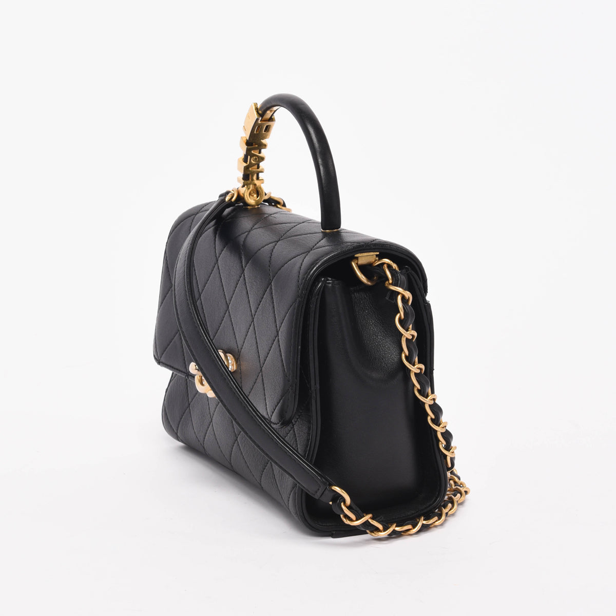 Chanel Black Calfskin Pearl Logo Top Handle Flap Bag
