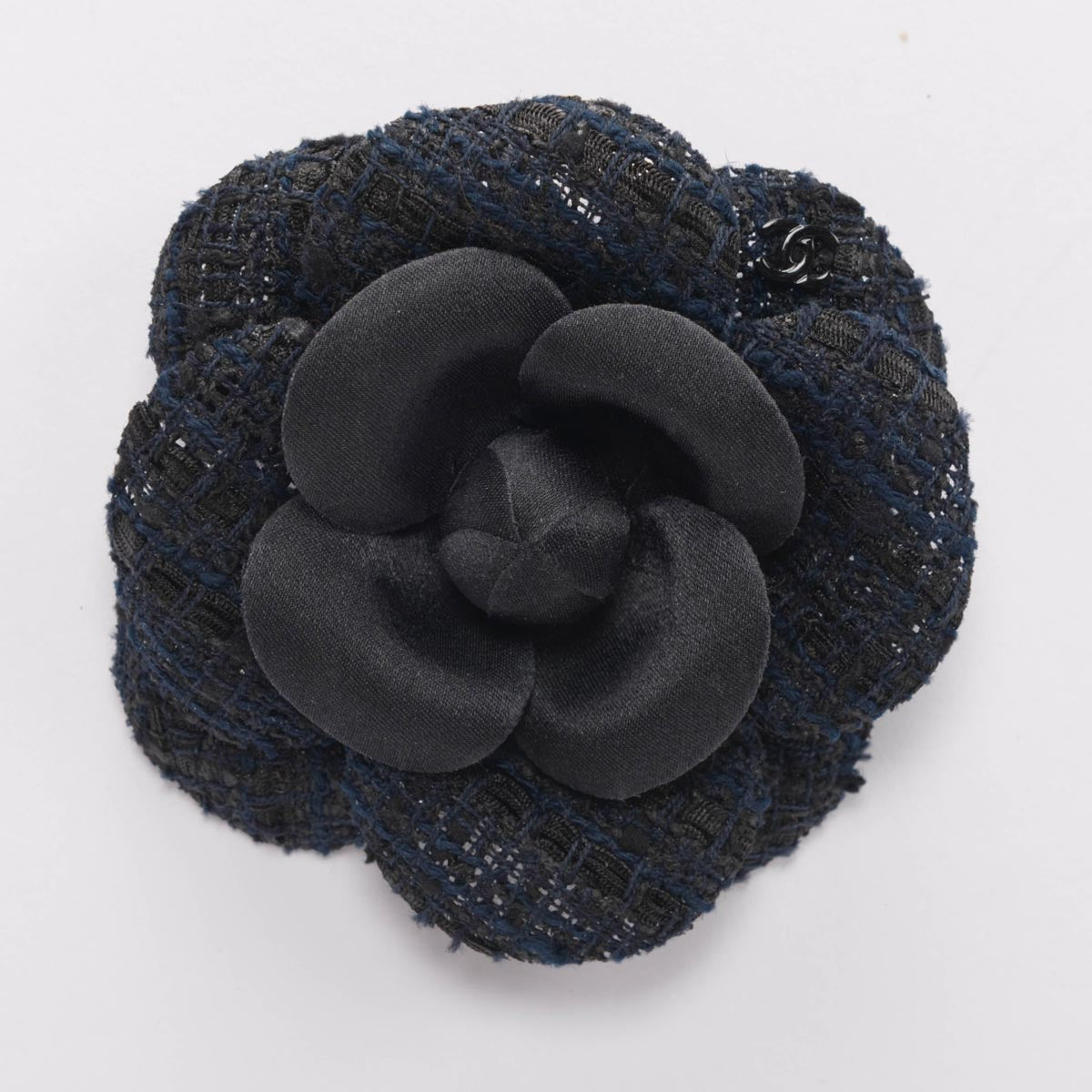Chanel Navy & Black Tweed Camellia Brooch