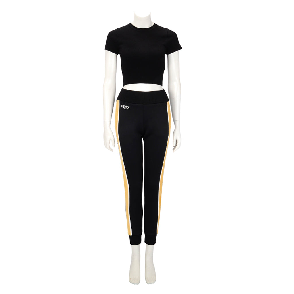 Fendi Black & Yellow Jersey & Velvet Logo Track Pants IT 38