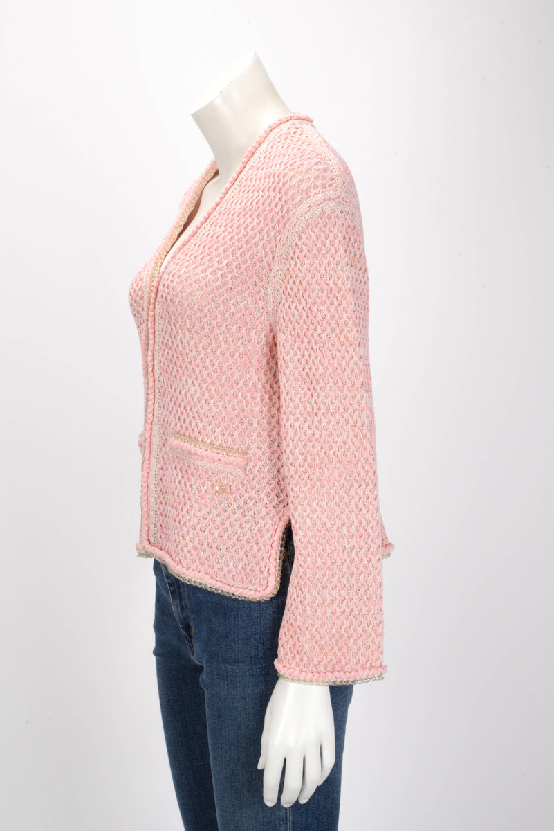 Chanel Pink Diamond Knit Braided Trim Cardigan FR 34