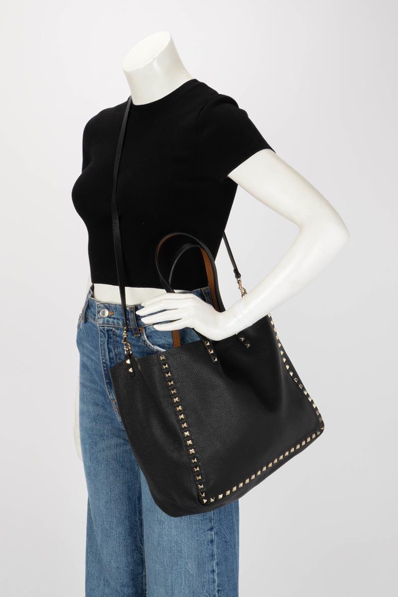 Valentino Black & Tan Grained Calfskin Reversible Rockstud Tote