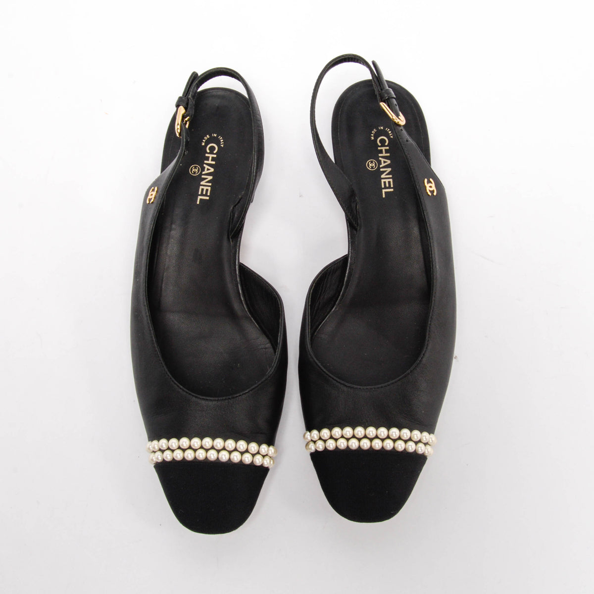 Chanel Black Lambskin Pearl Cap Toe CC Slingback Flats 40