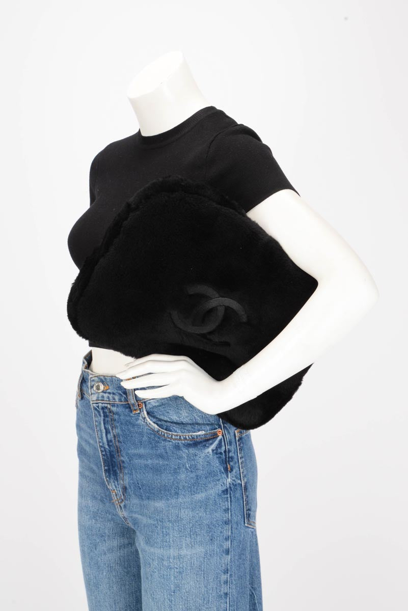 Chanel Black Shearling CC Travel Slippers & Pouch