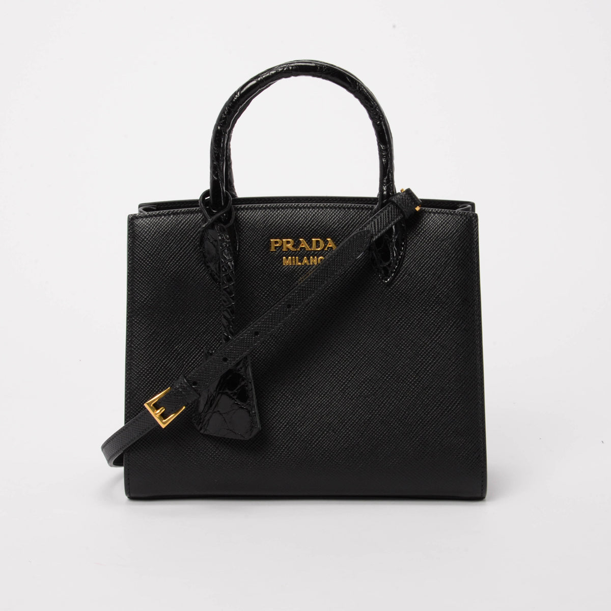 Prada Black & Royal Blue Saffiano & Croc Small Tote